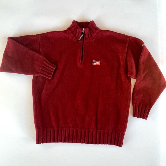 Napapijri Other - Napapijri Geographic Sweater Men’s L Red 100% Virgin Wool Norway Patch 1/4 Zip